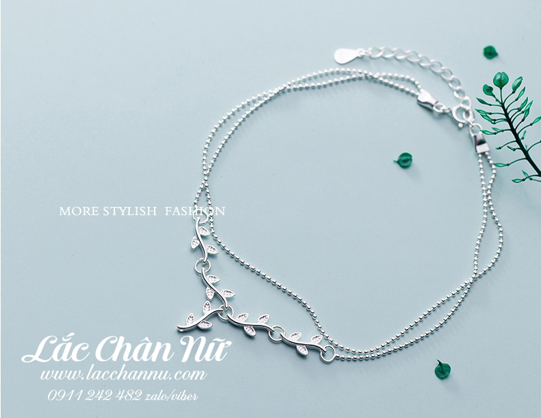 Lắc chân bạc nữ cao cấp dây đôi nhánh lá nhẹ nhàng LCBN99