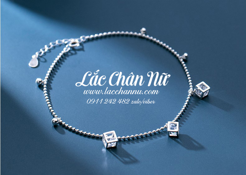 Lắc chân bạc nữ hình lập phương đính đá LCBN244