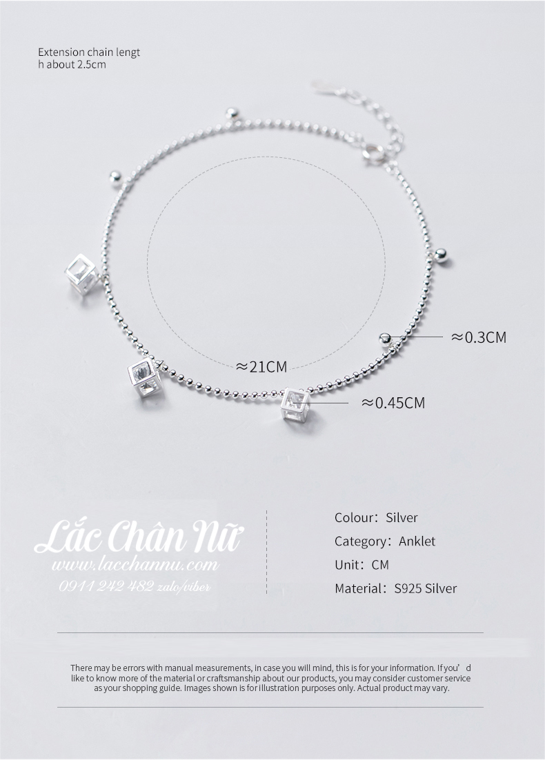 Lắc chân bạc nữ hình lập phương đính đá LCBN244