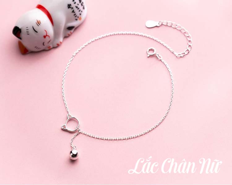Lắc chân bạc nữ cao cấp hình mèo có chuông LCBN204